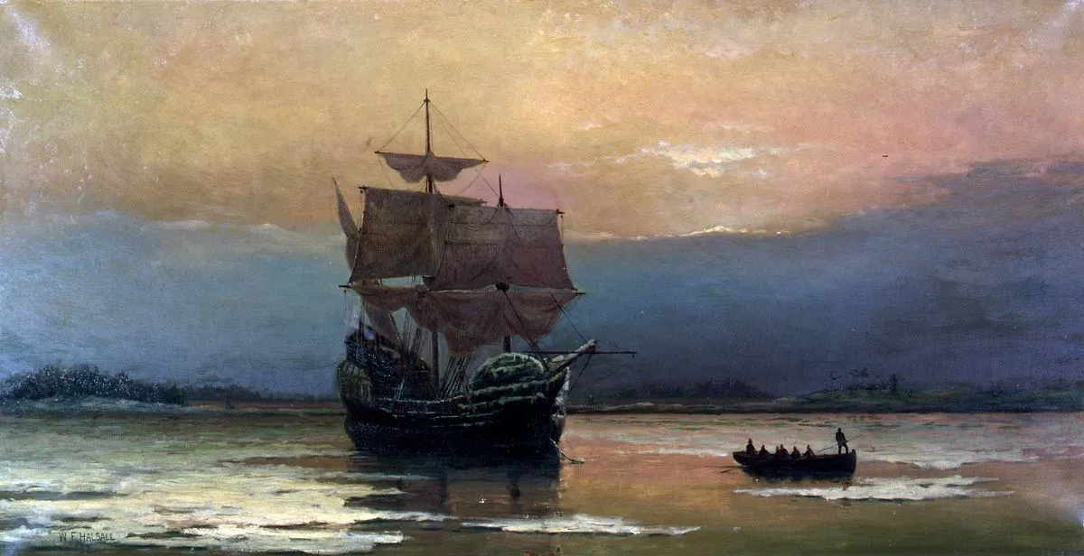 A painting by William Halsall of the Mayflower, which carried colonists to the new world in 1620 (Image: Pilgrim Hall Museum/Wikimedia Commons)